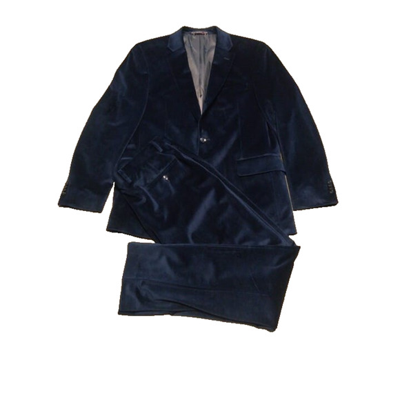 Tommy Hilfiger 2 Piece Suit 42R polyester navy Blue velvet Pants 36w x 32L